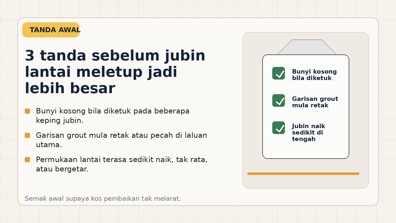 Checklist visual tanda awal jubin lantai meletup di rumah