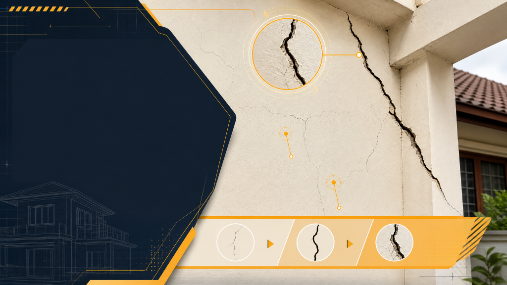 Ilustrasi editorial Buildr.my tentang retak dinding rumah dengan rekahan halus dan diagonal