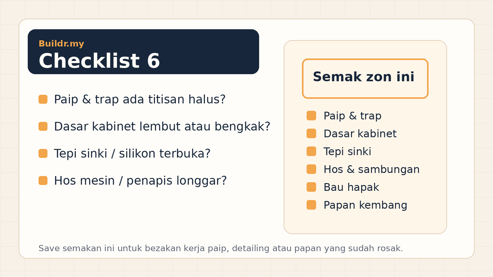 Checklist semakan kabinet bawah sinki dapur lembap