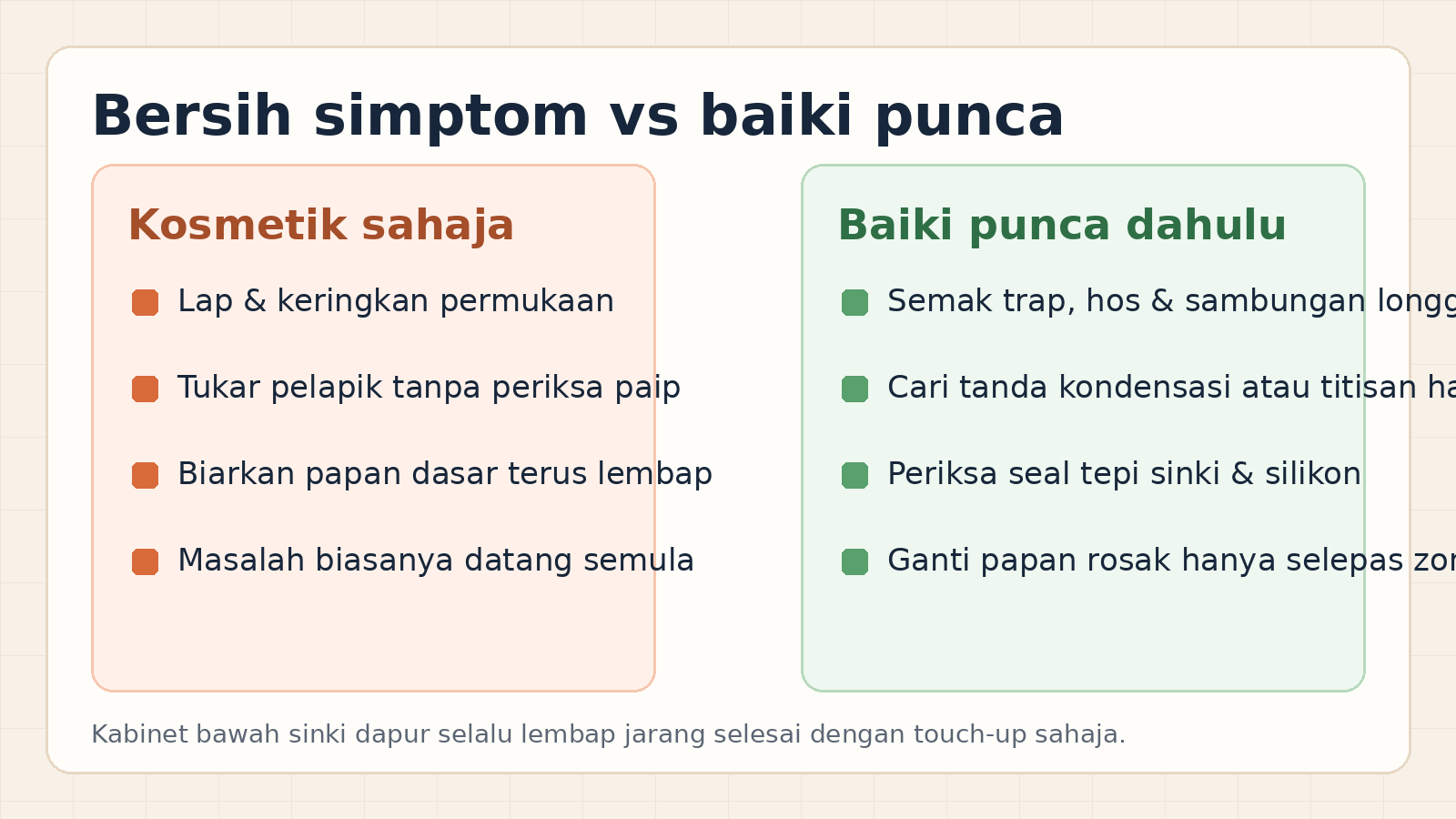 Perbandingan touch up dengan baiki punca untuk kabinet bawah sinki dapur lembap