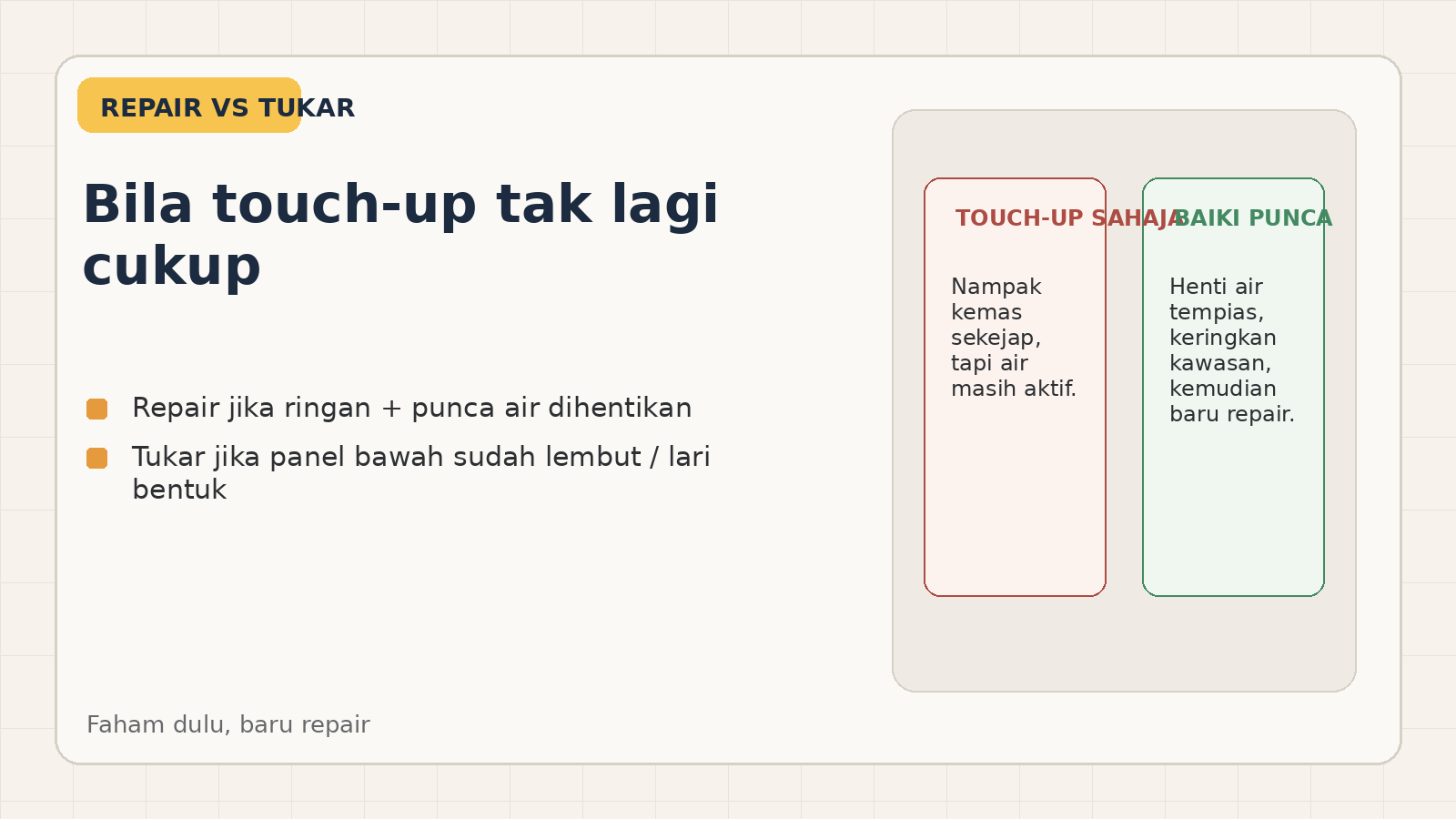 Perbandingan touch up dengan baiki punca untuk pintu bilik air kayu kembang