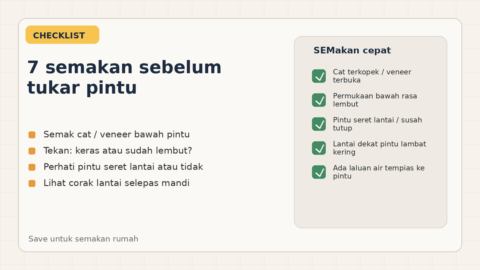 Checklist semakan awal pintu bilik air kayu yang kembang
