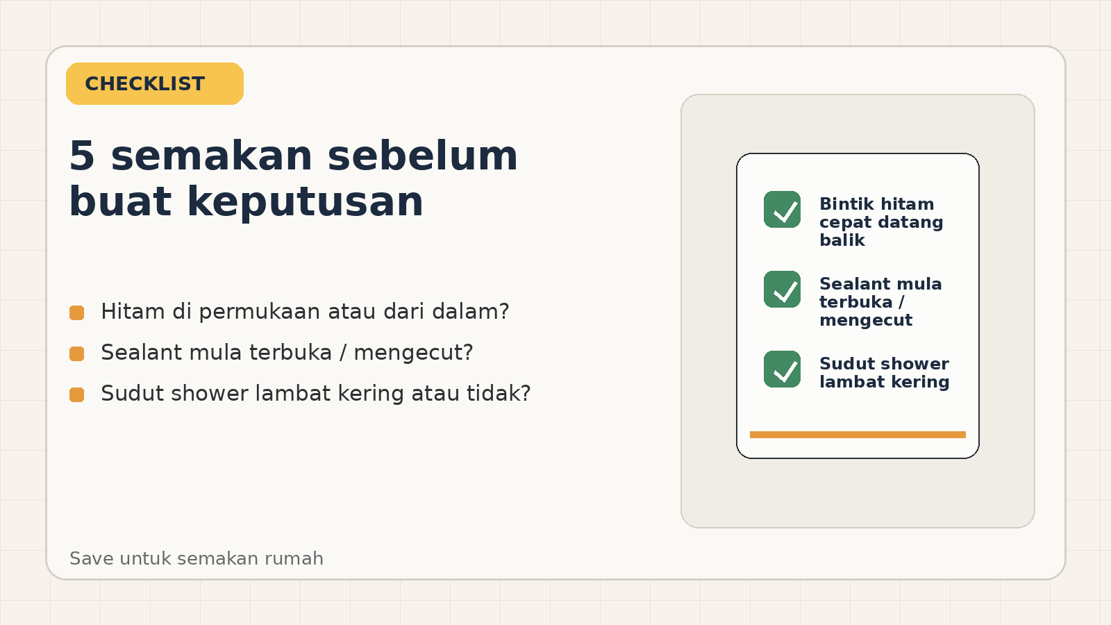 Checklist semakan silikon shower screen berkulat
