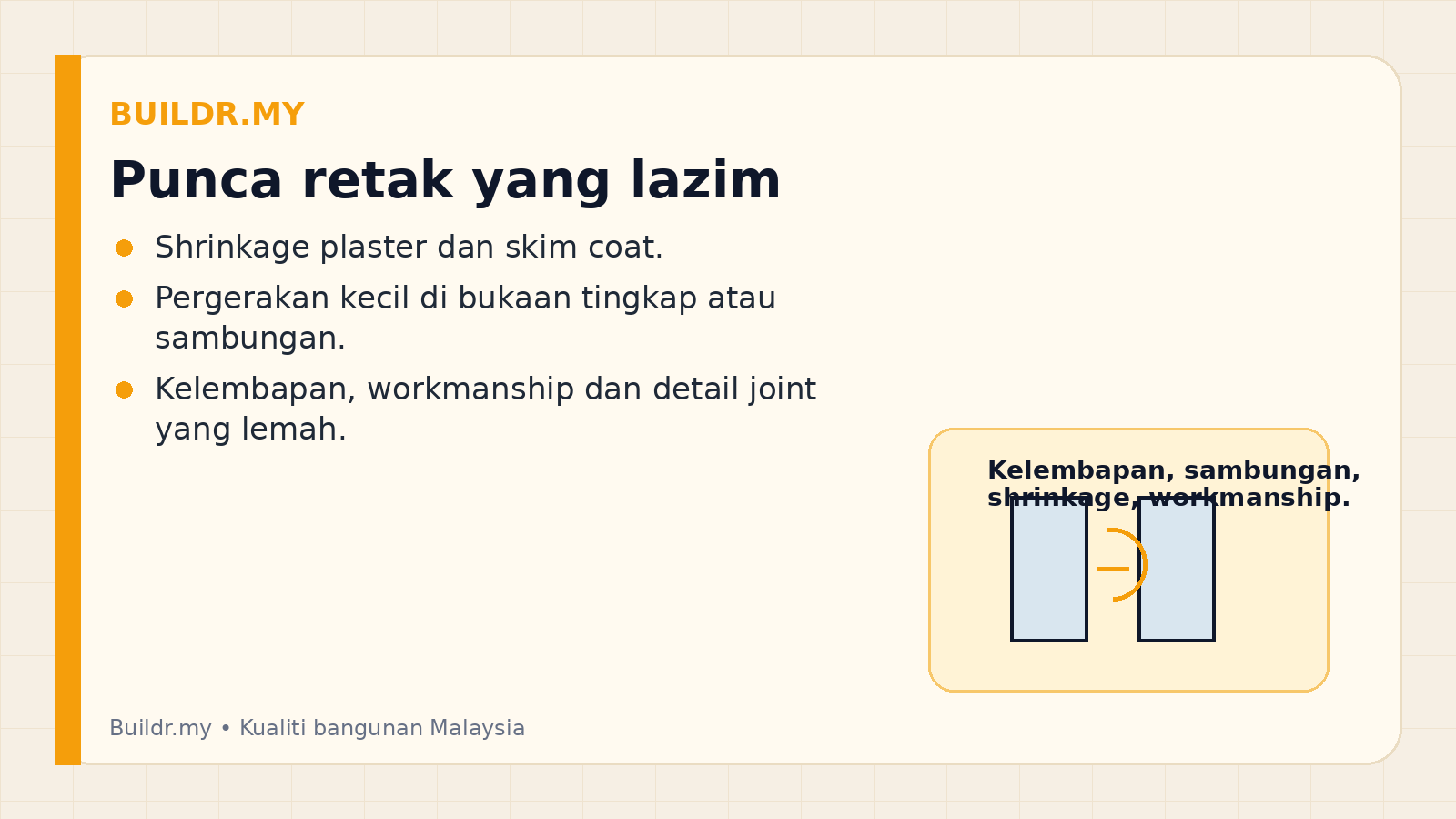 Ilustrasi punca lazim retak dinding rumah seperti kelembapan dan pergerakan di bukaan tingkap