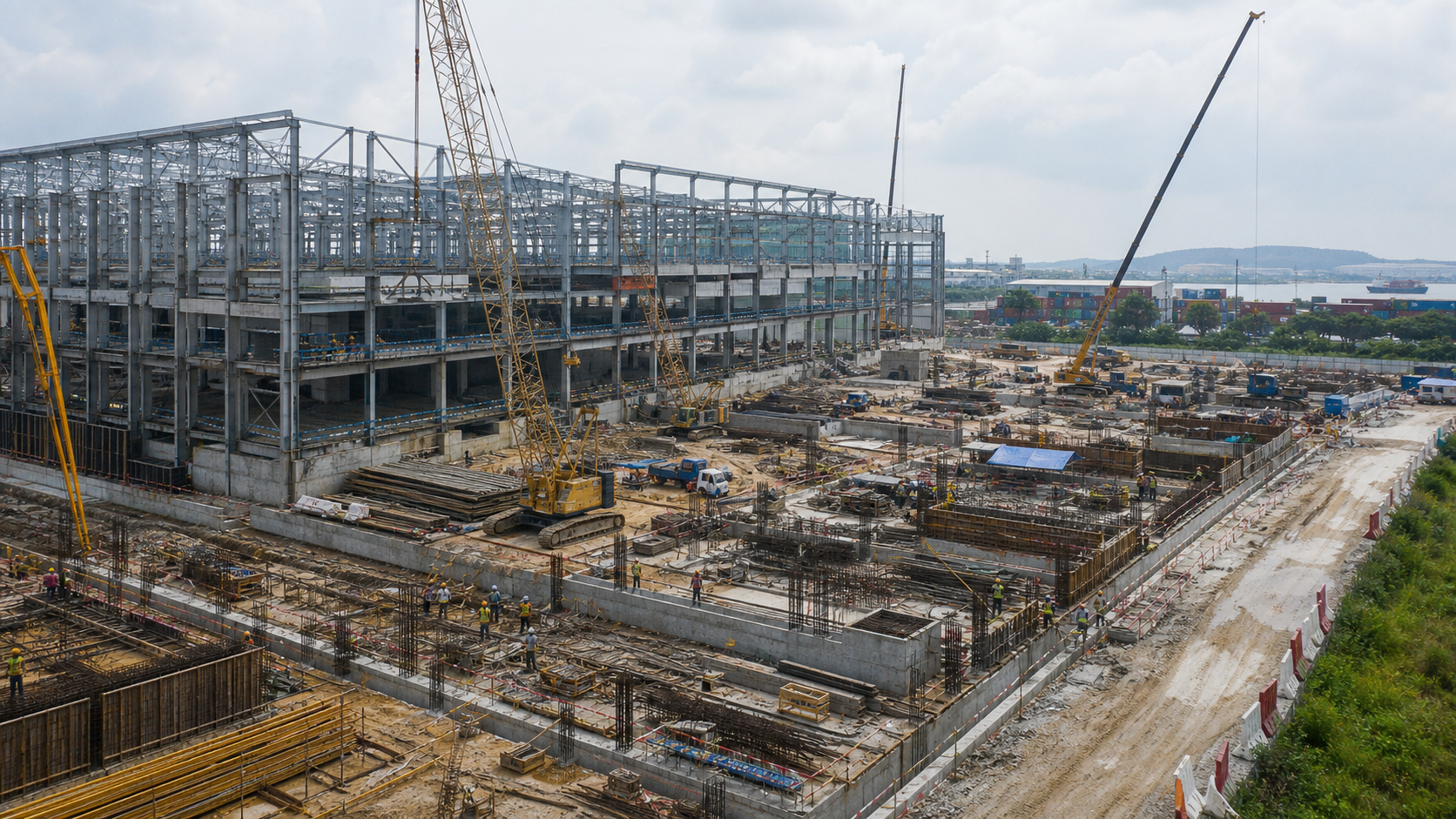 Industrial EPC construction activity around a port and logistics corridor.