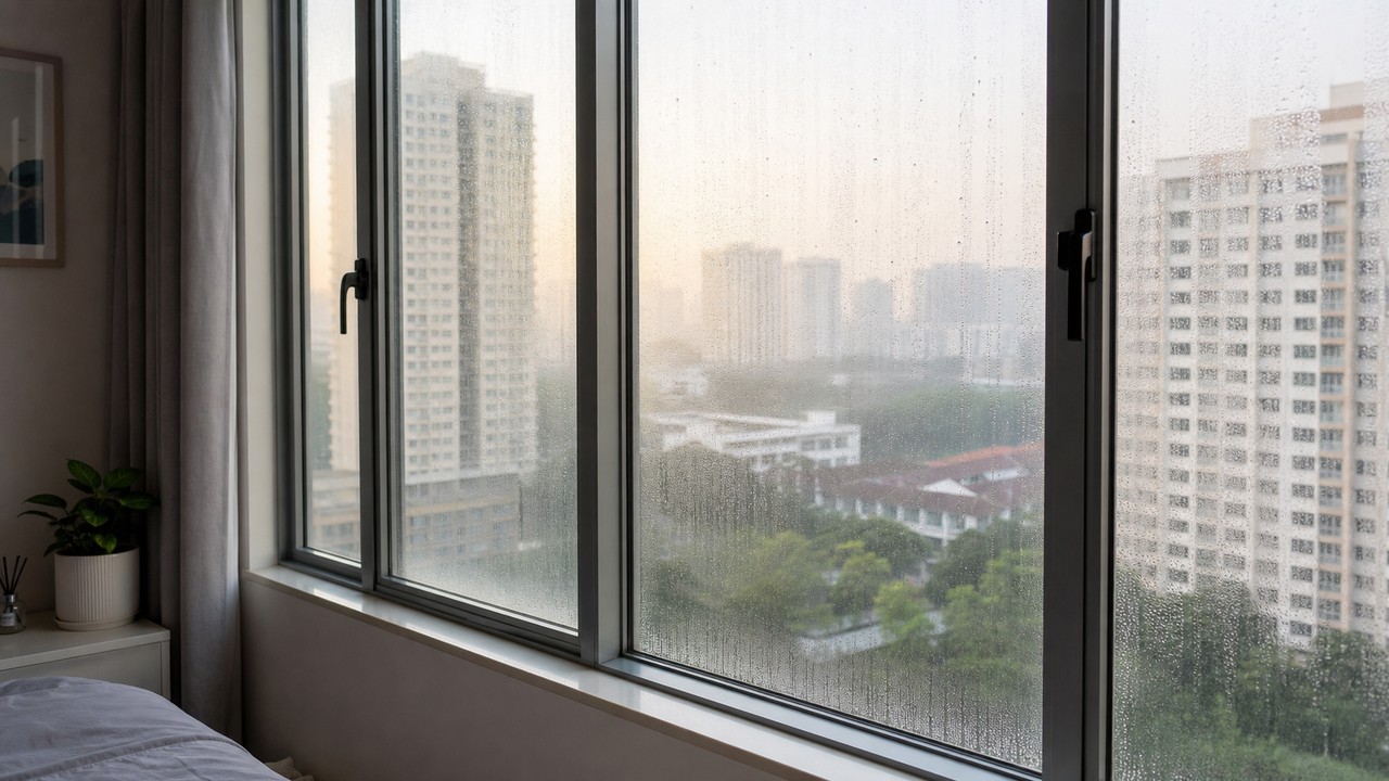 Tingkap berwap dalam rumah dengan titisan kondensasi pada permukaan kaca.