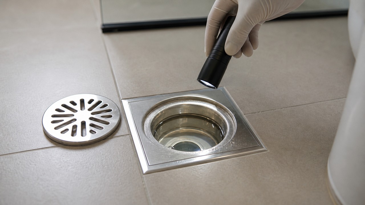 Pemeriksaan floor trap dan water seal dalam bilik air.