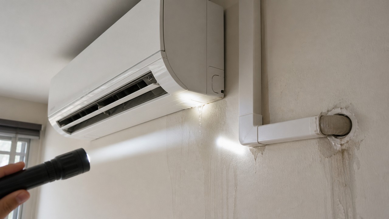 Pemeriksaan lokasi air menitik pada unit, trunking dan laluan paip aircond.