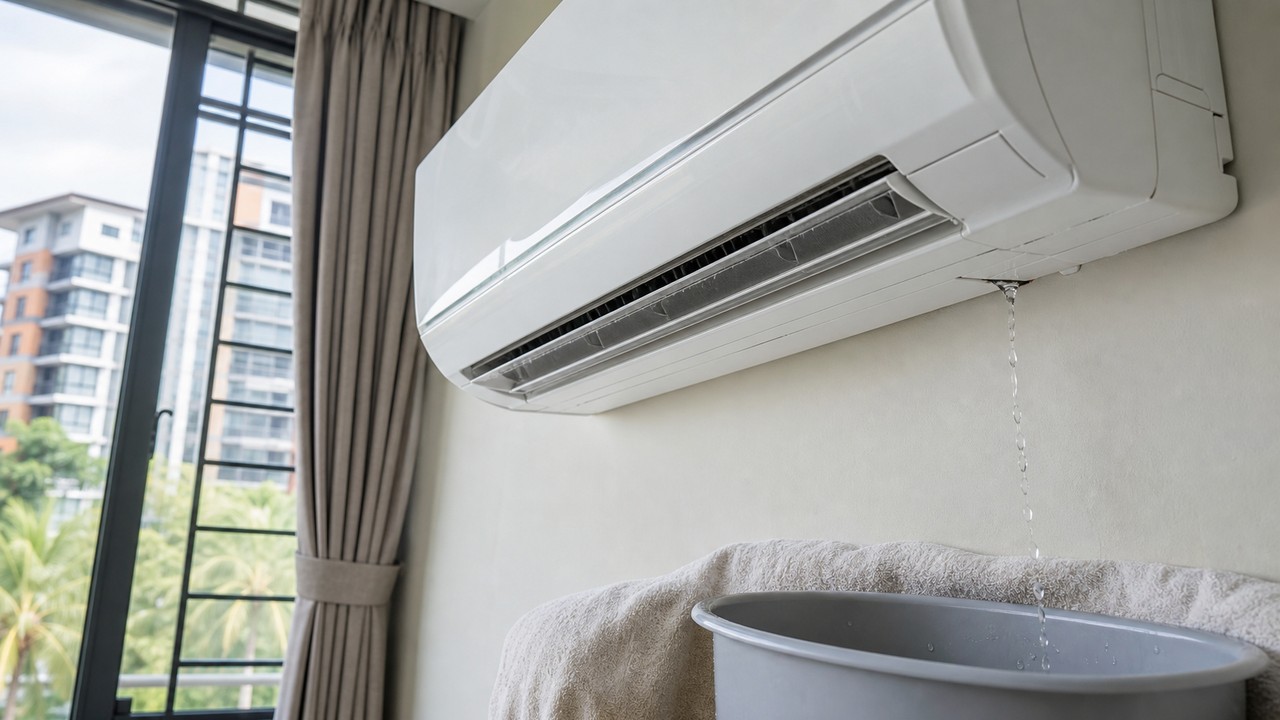 Kondensasi pada sambungan insulasi paip aircond yang rosak.