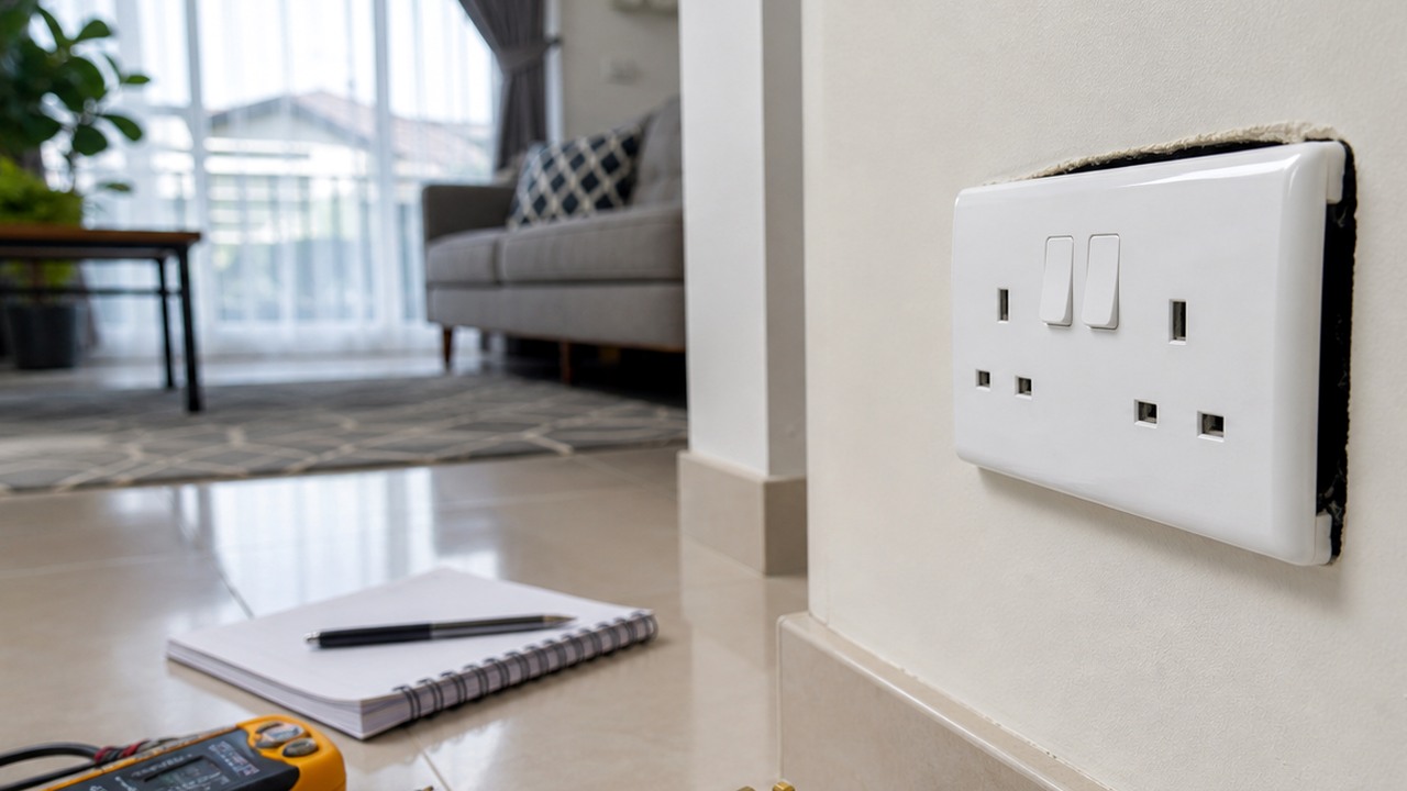 Soket elektrik longgar pada dinding dengan plug dicabut untuk pemeriksaan selamat.