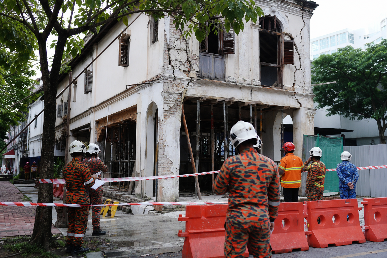 Gambar editorial jana AI berkaitan Runtuhan rumah kedai Melaka: zon larangan dan kestabilan mesti mengatasi desakan jadual; bukan foto sebenar.
