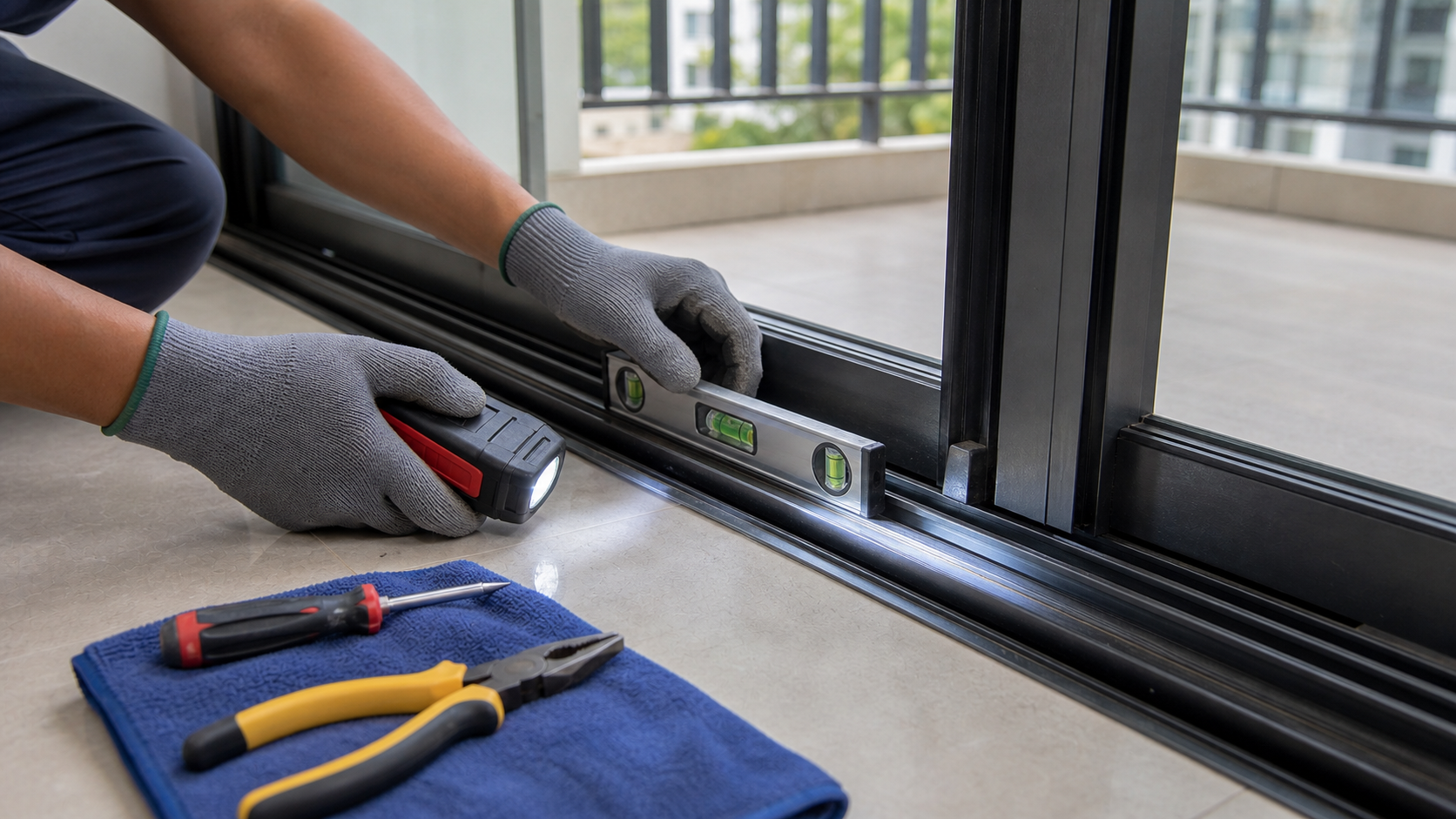 Juruteknik memeriksa alignment dan ketinggian roller pada bucu bawah pintu sliding aluminium.