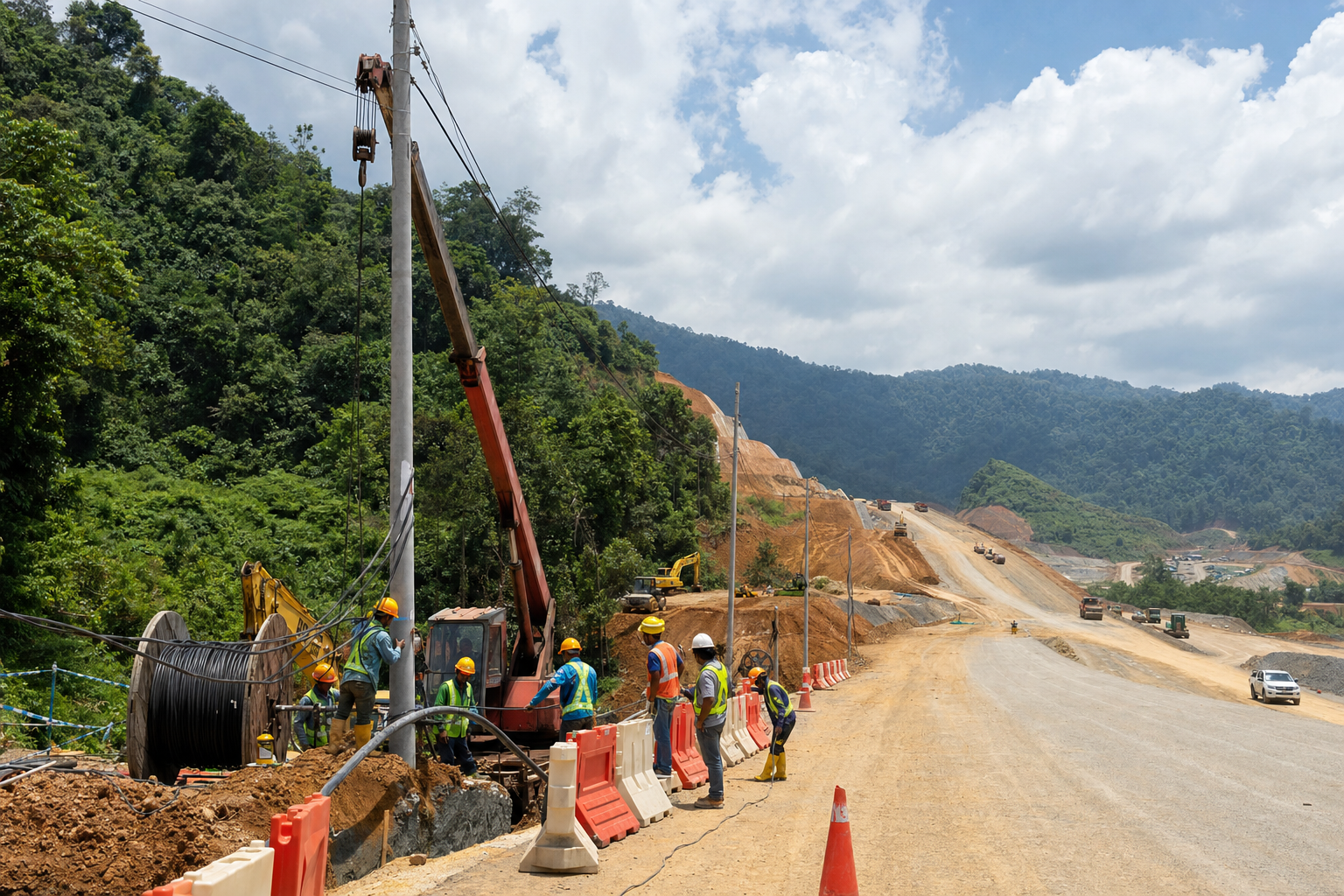 Gambar editorial jana AI berkaitan Pan Borneo Sabah: pemindahan utiliti menunjukkan mengapa kerja awal mengawal jadual utama; bukan foto sebenar.