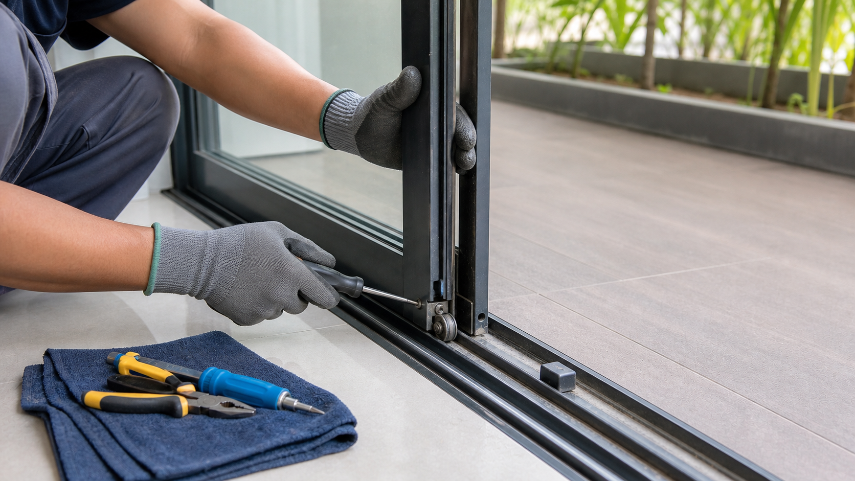 Juruteknik menyelenggara bahagian roller dan track pintu sliding dengan panel kaca disokong secara selamat.