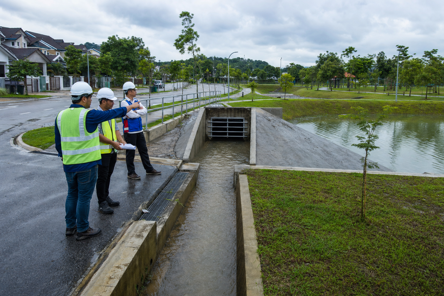 Gambar editorial jana AI berkaitan Risiko banjir tidak semestinya menurunkan harga: kontraktor tetap perlu membuktikan mitigasi berfungsi; bukan foto sebenar.