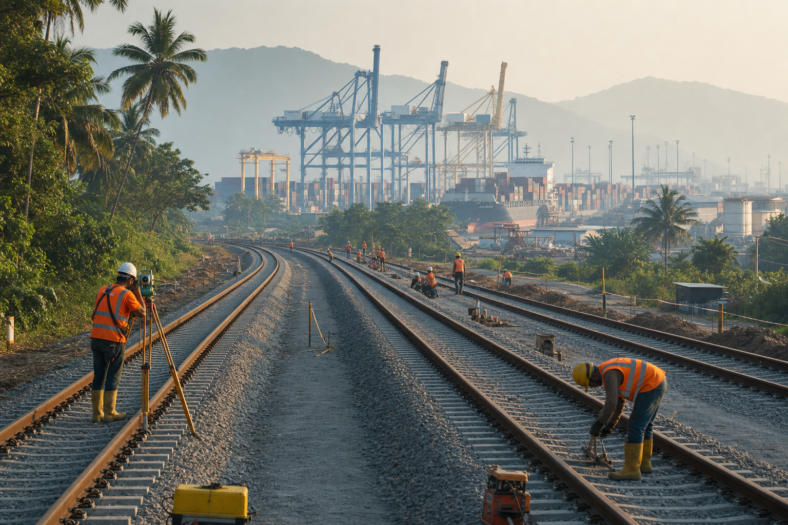 Gambar editorial jana AI berkaitan Seksyen D ECRL 25km bermula: kerja pelabuhan akan menguji antara muka rel, kargo dan operasi; bukan foto sebenar.