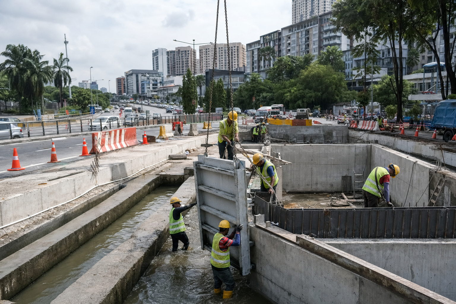 Gambar editorial jana AI berkaitan RM40.5 juta mitigasi banjir Petaling Jaya: 39 projek perlu bergerak tanpa memutus utiliti bandar; bukan foto sebenar.