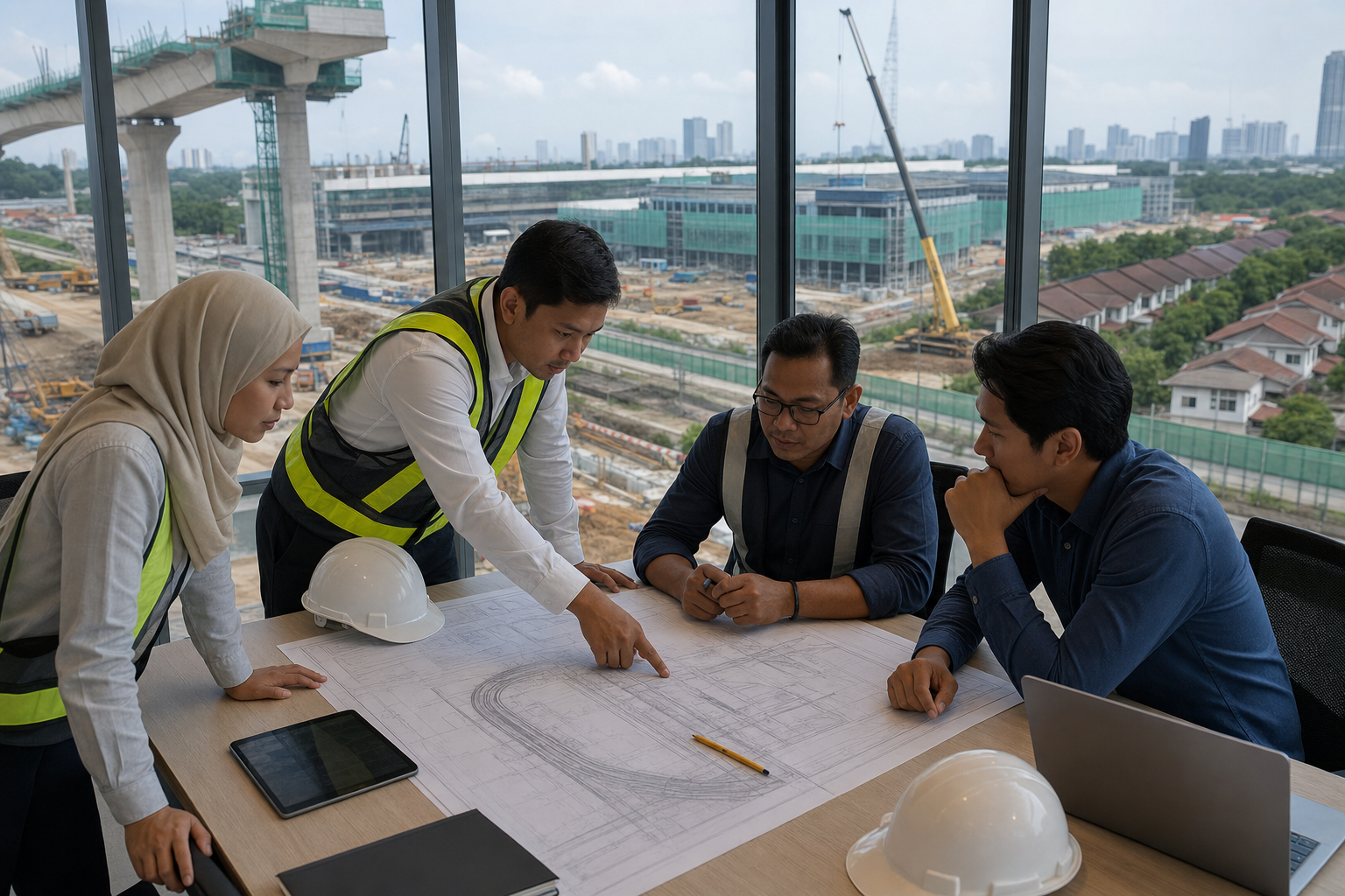 Gambar editorial jana AI: pasukan pembinaan menilai pusat data, perumahan dan infrastruktur; bukan foto projek sebenar.