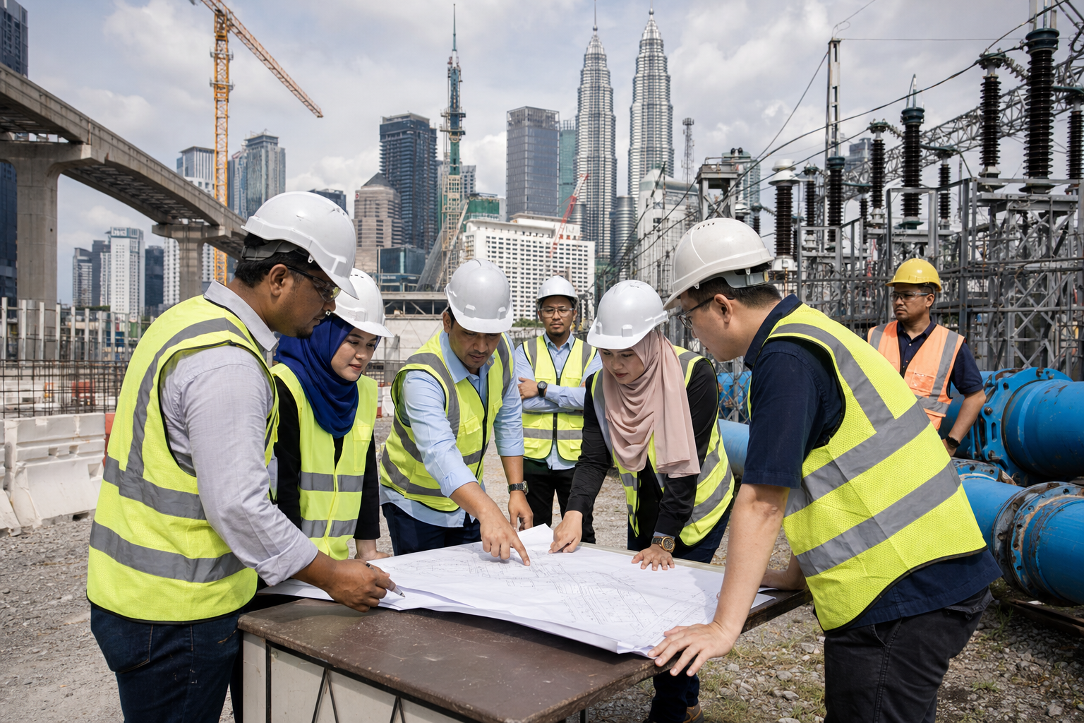 Gambar editorial jana AI yang mewakili the day’s Malaysian construction and infrastructure market; bukan foto projek, syarikat, tempat atau peristiwa sebenar.