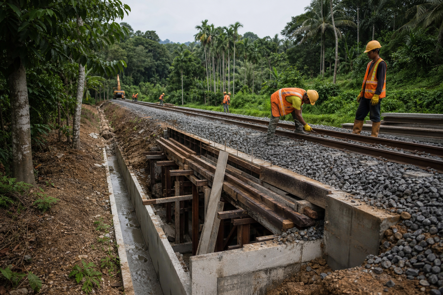 Gambar editorial jana AI yang mewakili Naik taraf Gemas–Mentakab siap selepas penenderan semula—projek pemulihan menguji keadaan sebenar dan disiplin serahan; bukan foto projek, syarikat, tempat atau peristiwa sebenar.