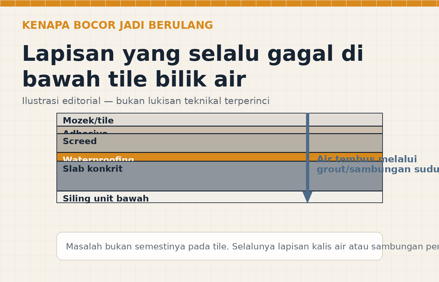 Lapisan tile dan waterproofing di bawah lantai bilik air