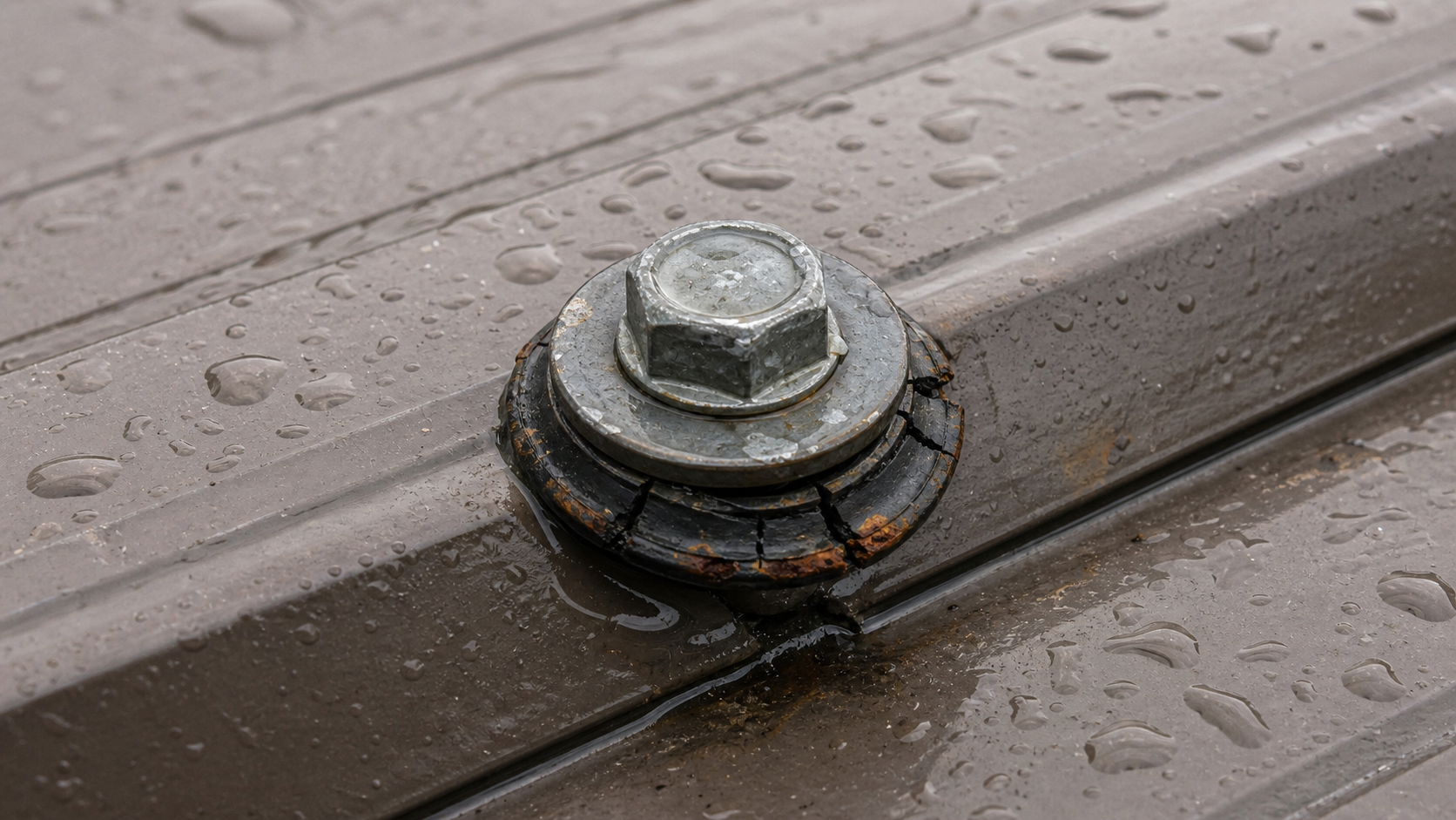 Close-up skru bumbung metal dengan washer getah yang kelihatan menua dan berisiko bocor.