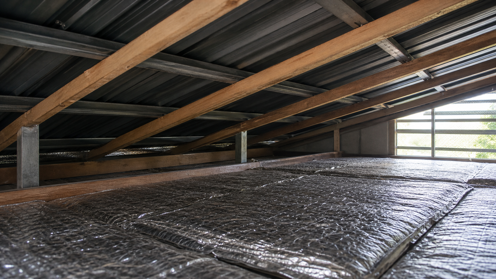 Ruang bumbung rumah dengan ventilasi, foil dan ruang udara di bawah atap metal.