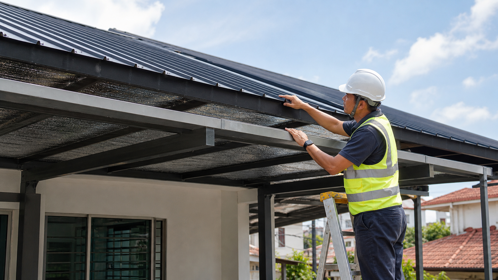 Pemeriksaan pemasangan bumbung metal rumah oleh kontraktor dengan fokus pada detail tepi dan spesifikasi.