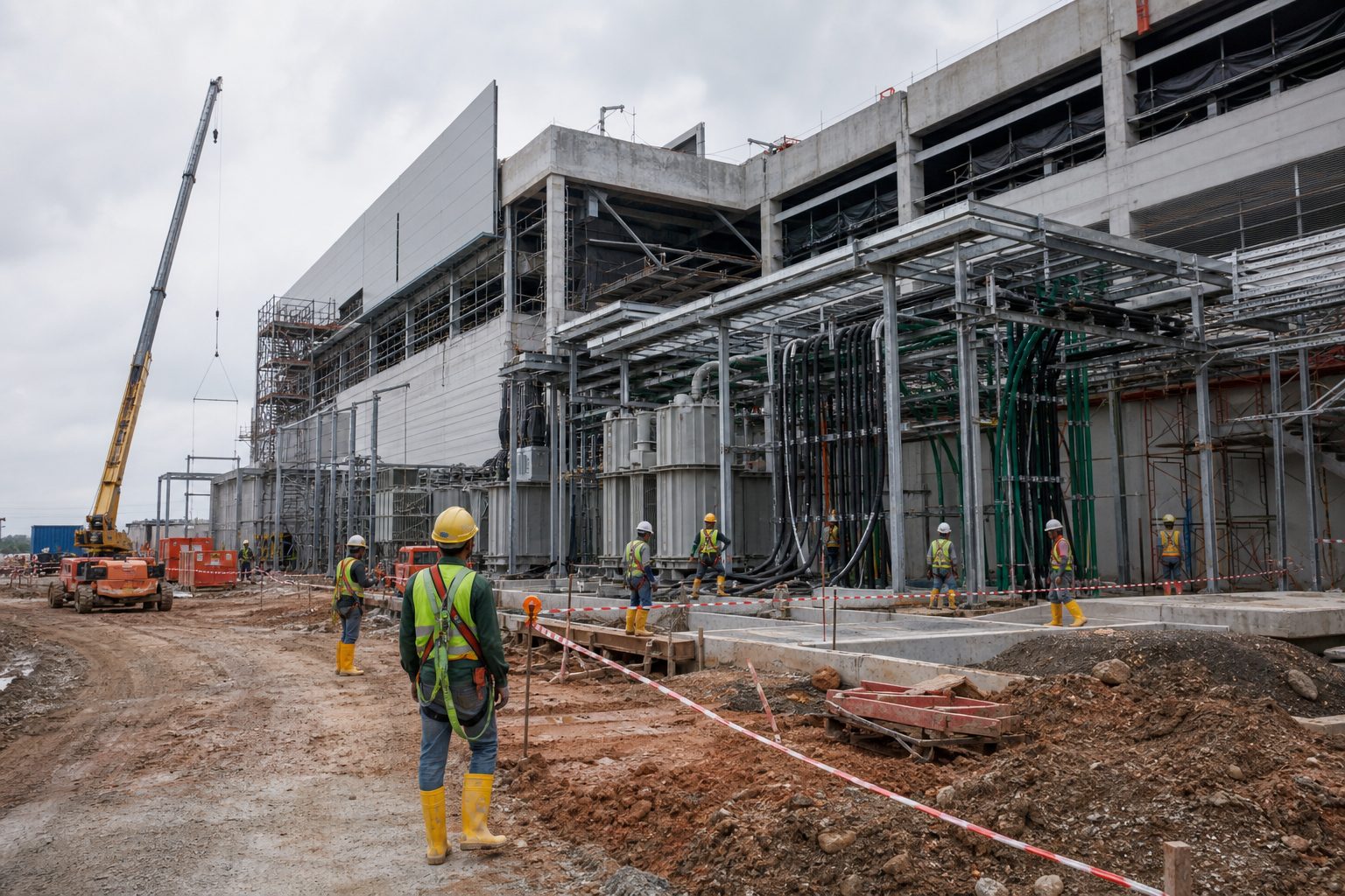 Gambar editorial jana AI berkaitan topik Pusat data kekal memacu pembinaan, tetapi pematuhan tenaga dan M&E semakin berat; bukan foto projek sebenar.