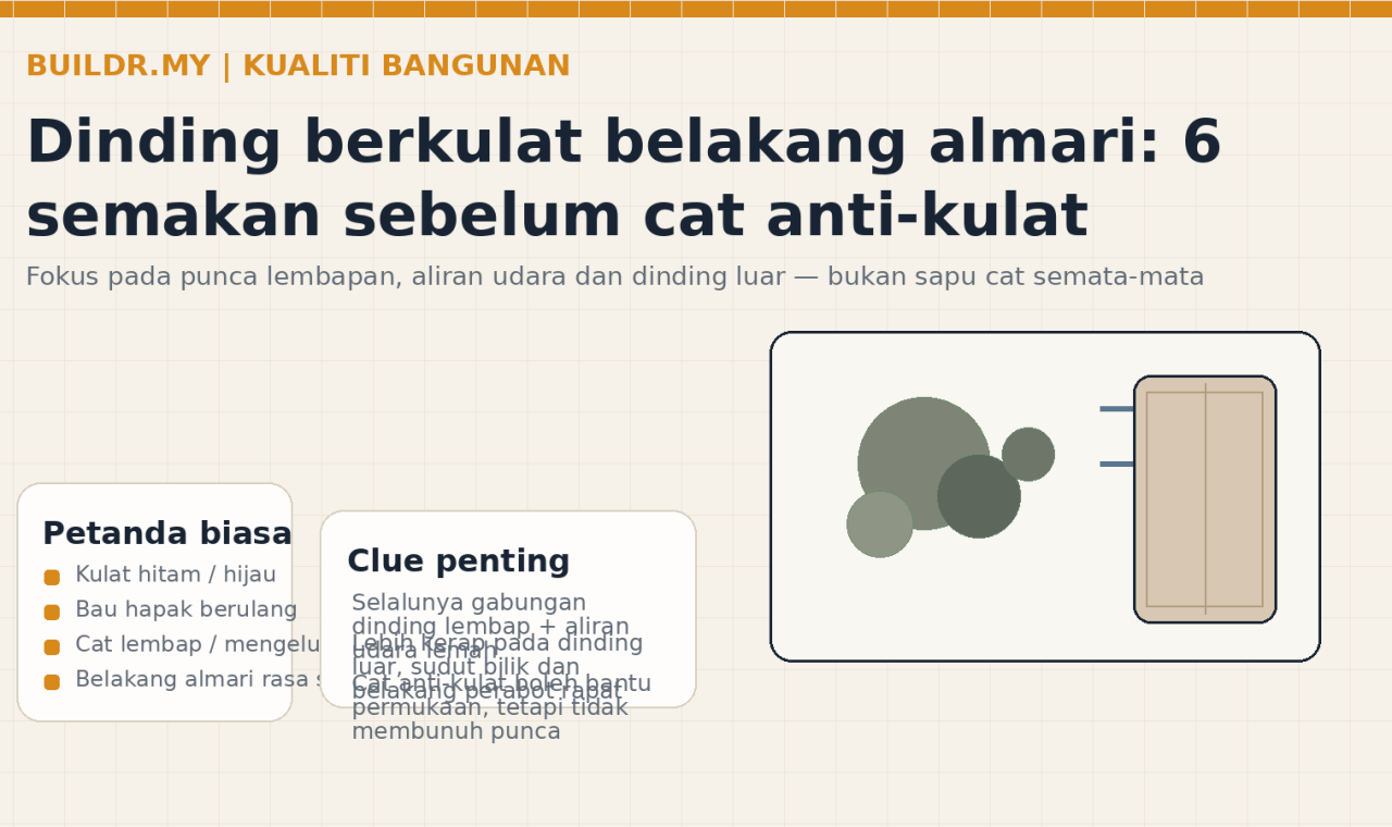 Ilustrasi editorial dinding berkulat di belakang almari dengan petunjuk kelembapan dan aliran udara