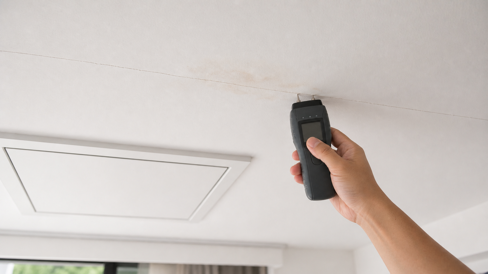 Semakan kelembapan berhampiran retak sambungan siling plaster.