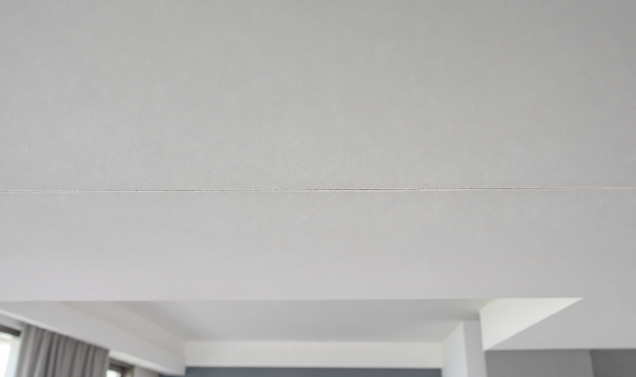 Retak sambungan siling plaster yang membentuk garisan lurus pada siling rumah.