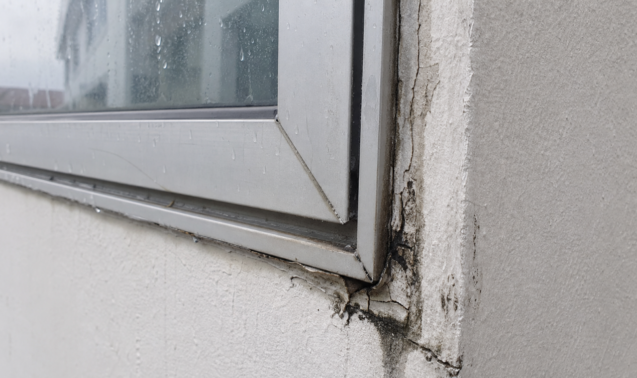 Tingkap aluminium rumah dengan joint sealant yang kelihatan retak dan terdedah kepada hujan.