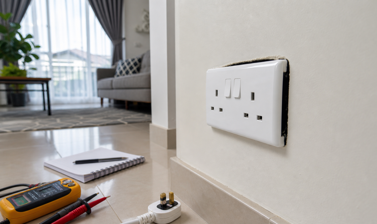 Soket elektrik longgar pada dinding sedang diperiksa dengan selamat.