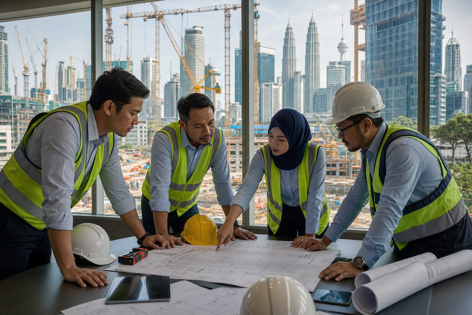 Gambar editorial jana AI: suasana perancangan pembinaan dan infrastruktur; bukan foto projek sebenar.