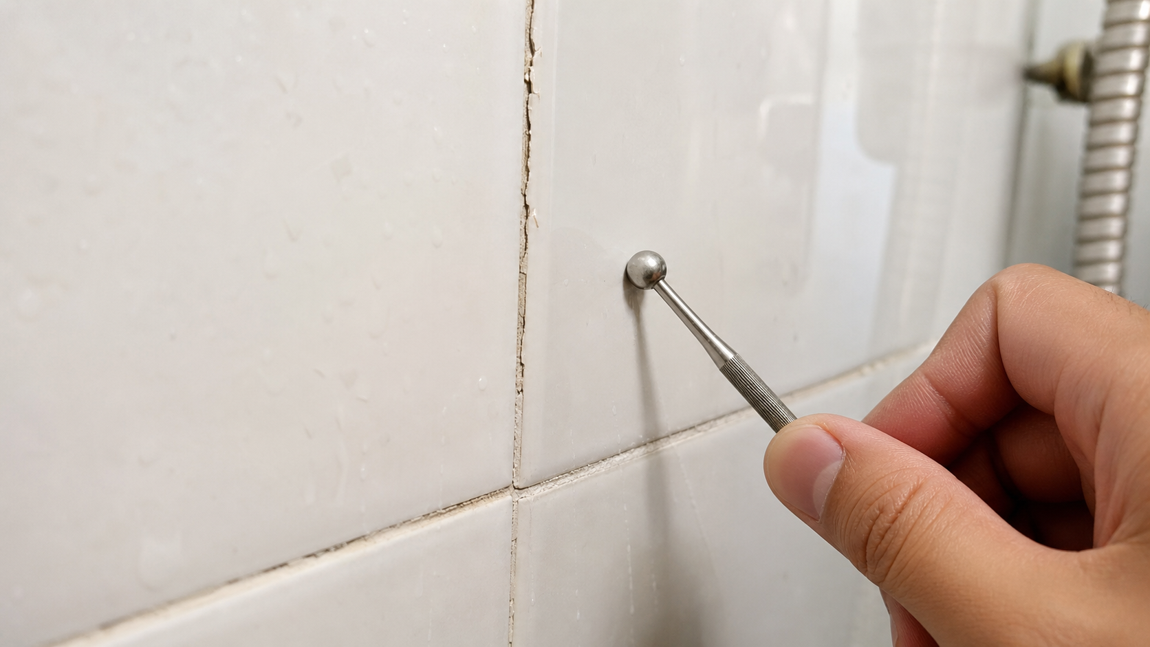 Foto close-up tanda awal jubin dinding bilik air longgar dan grout retak