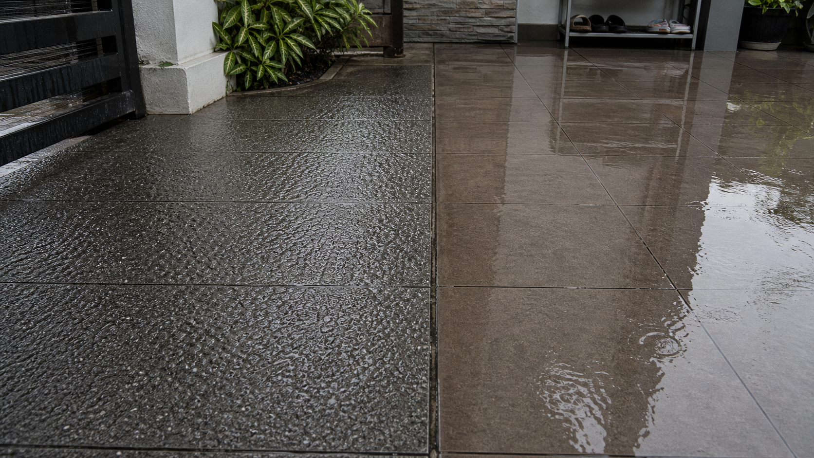 Perbandingan visual kemasan tile luar rumah yang lebih textured berbanding permukaan yang lebih licin apabila basah.