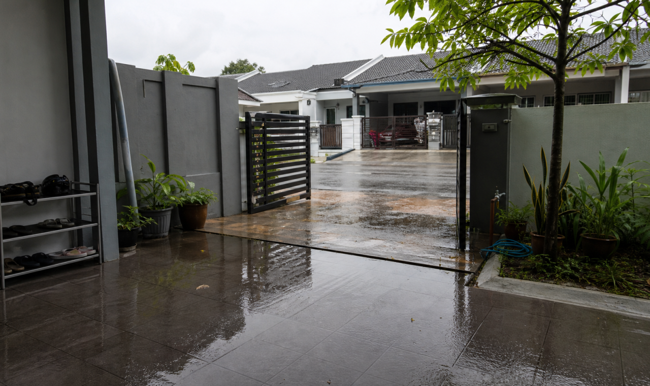 Lantai porch rumah Malaysia yang basah selepas hujan dengan permukaan tile luar yang berisiko licin.