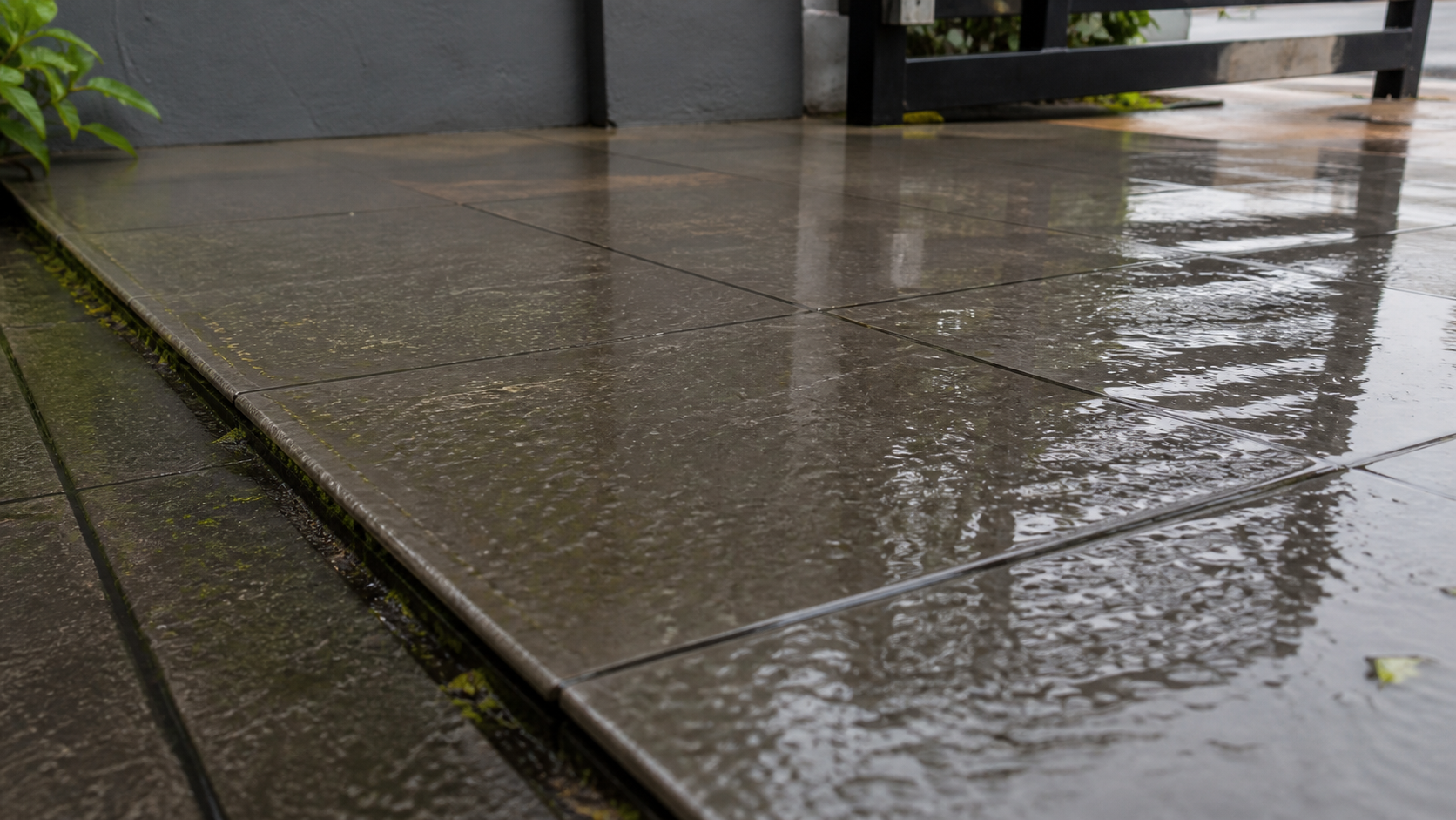 Close-up lantai porch luar rumah yang basah dengan lumut halus pada garisan grout.