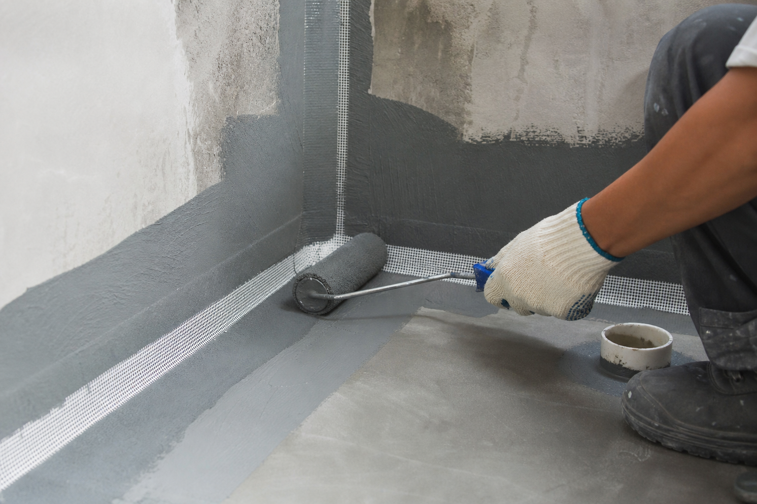 Aplikasi lapisan waterproofing dan pengukuhan sudut sebelum pemasangan jubin
