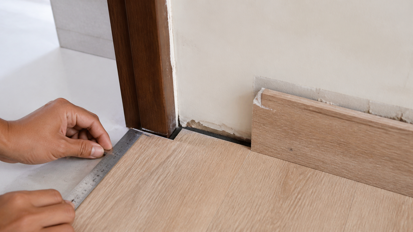 Pemeriksaan ruang pengembangan lantai SPC di tepi dinding dan bingkai pintu.