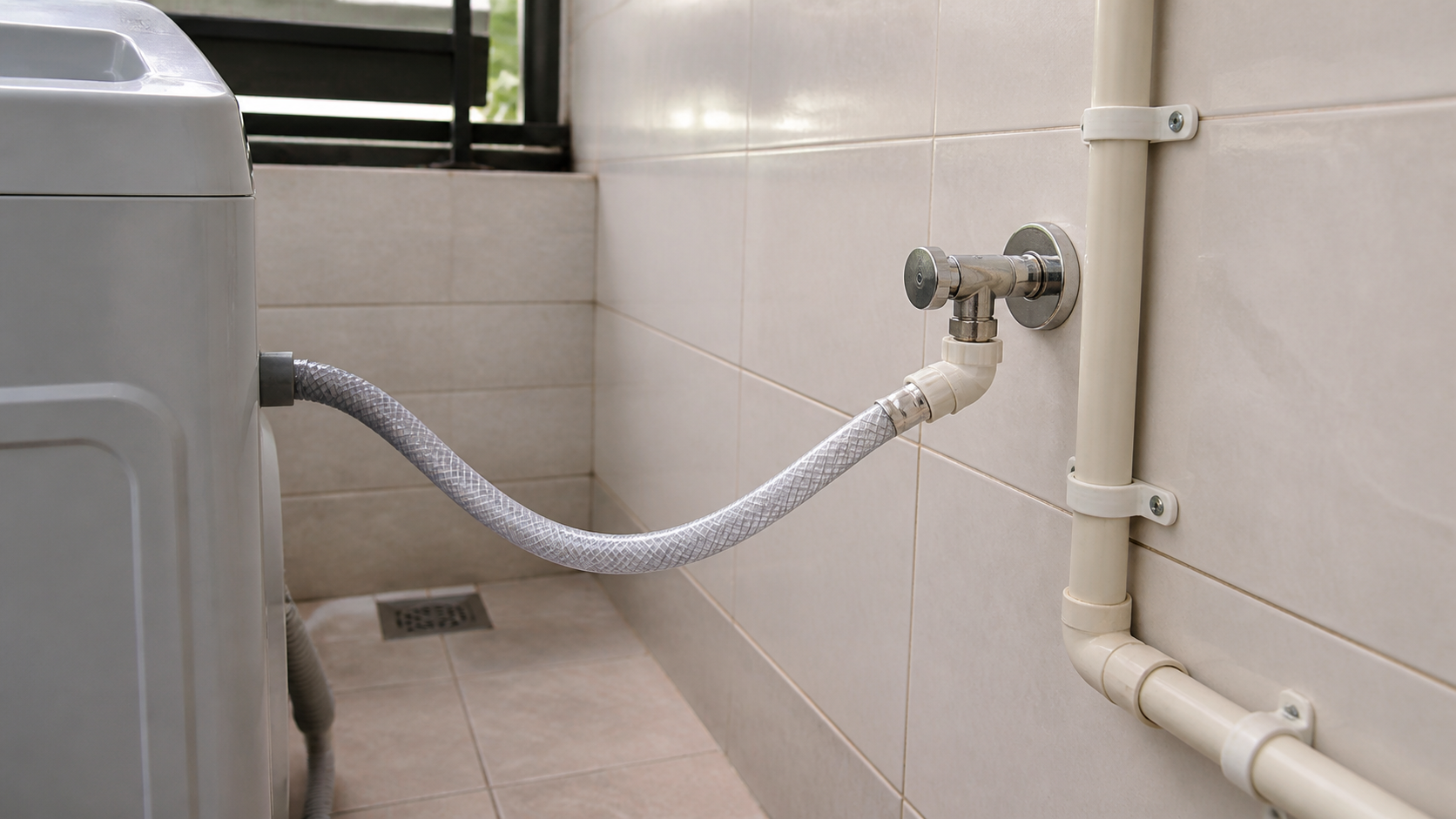 Paip masuk mesin basuh dan injap yang boleh mencetuskan water hammer.
