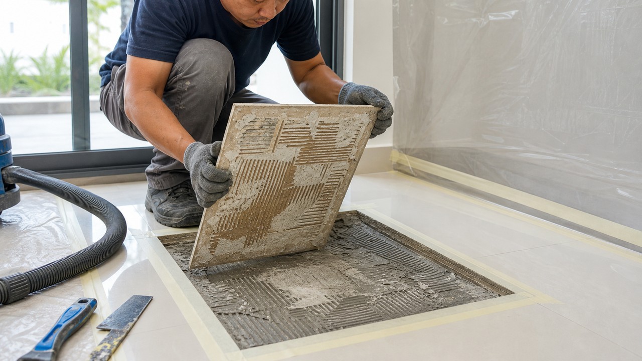 Spot bonding jubin dengan liputan adhesive bertompok di belakang tile.