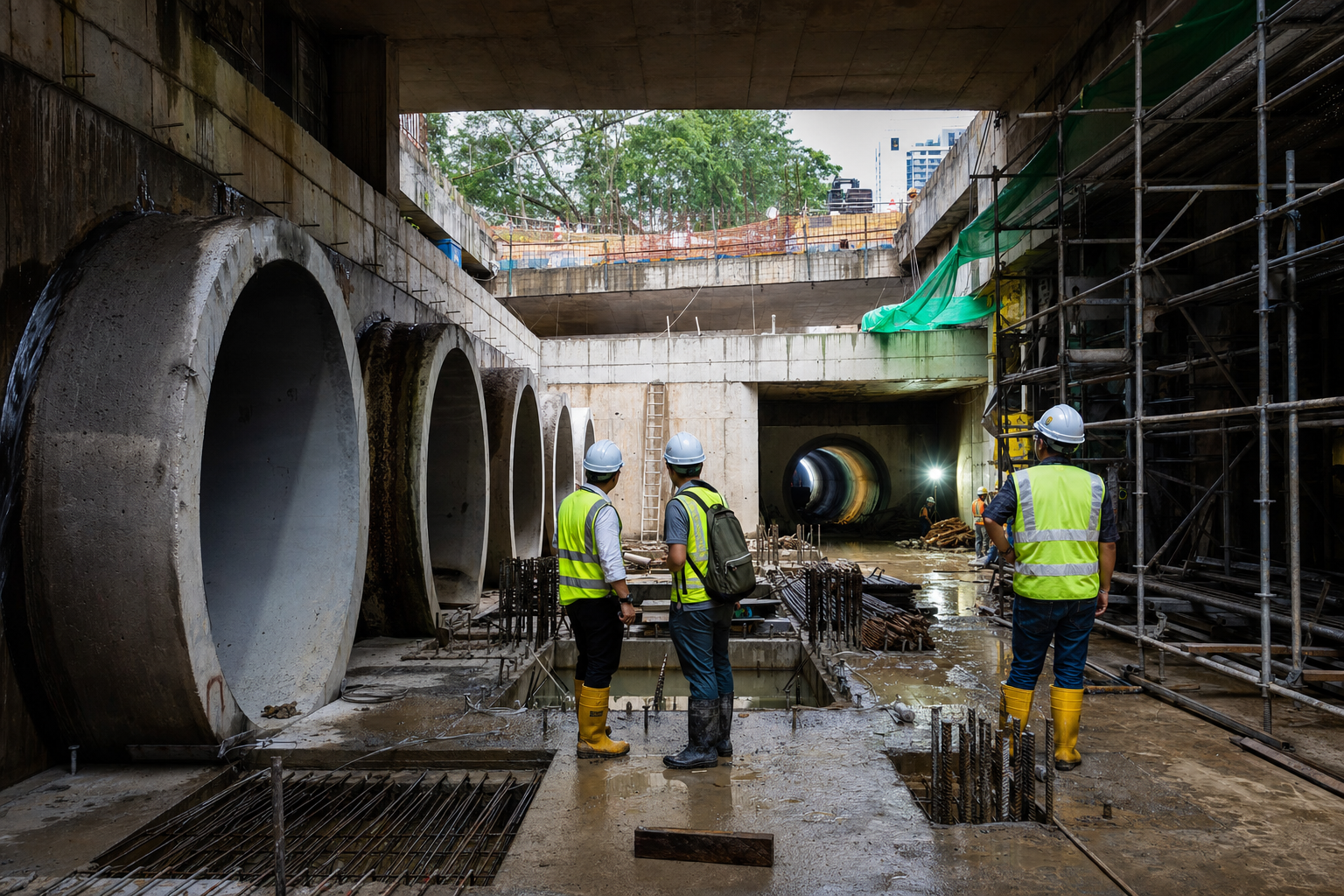 Gambar editorial jana AI yang mewakili Kolam takungan bawah tanah Kuala Lumpur mengubah tebatan banjir kepada infrastruktur berbilang disiplin; bukan foto projek, syarikat, tempat atau peristiwa sebenar.