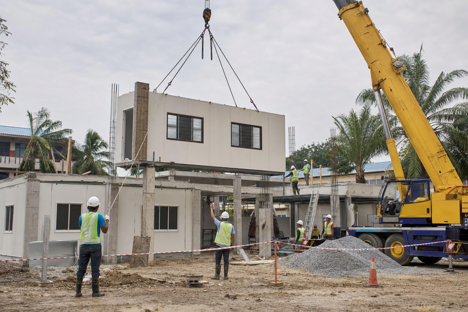 Gambar editorial jana AI yang mewakili Binaan modular sekolah mempercepat serahan, tetapi sambungan, kilang dan logistik mesti membuktikan mutu; bukan foto projek, syarikat, tempat atau peristiwa sebenar.