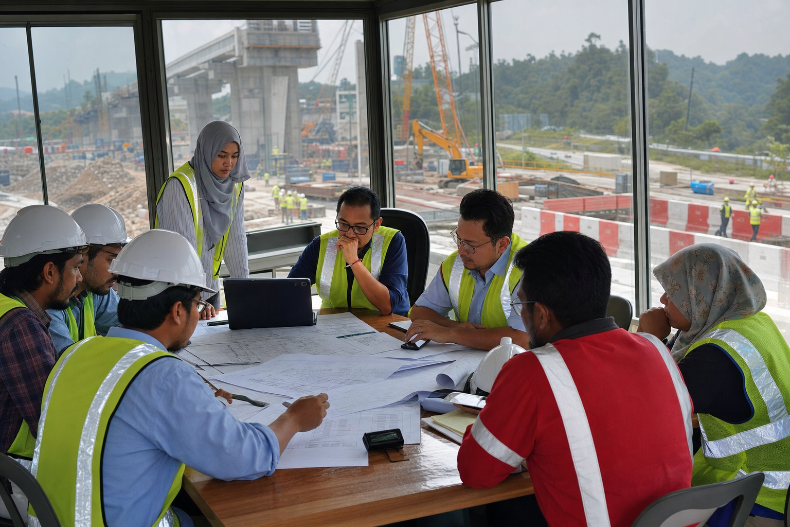 Gambar editorial jana AI yang mewakili the Malaysian construction and infrastructure market; bukan foto projek, syarikat, tempat atau peristiwa sebenar.