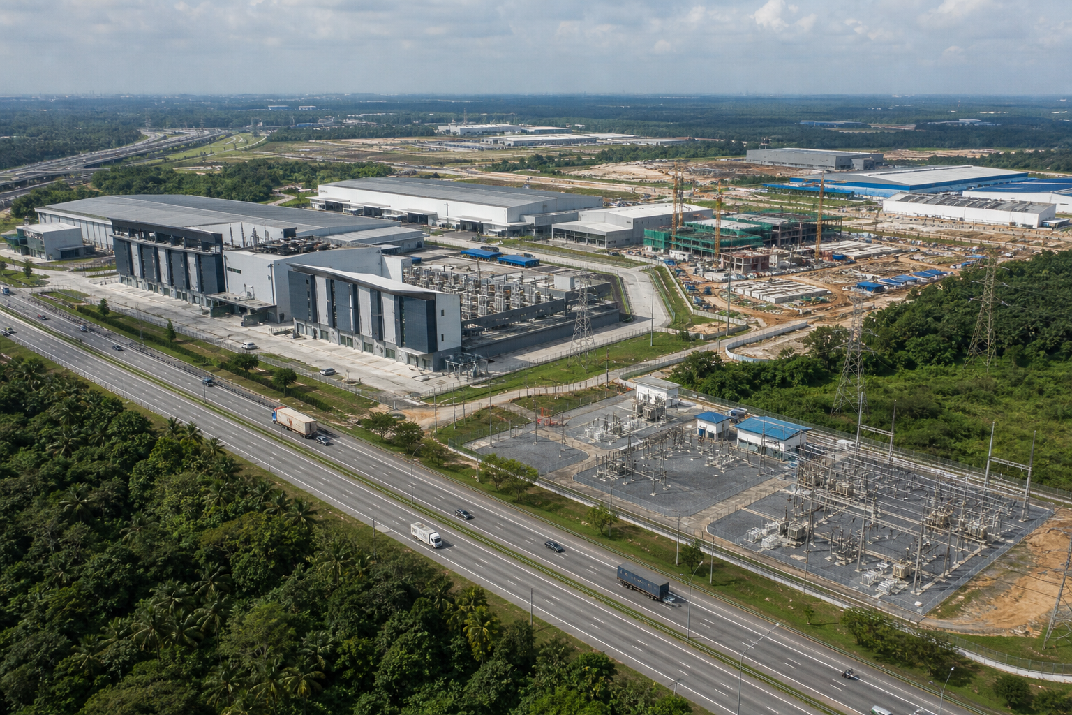 Gambar editorial jana AI yang mewakili JS-SEZ dan pusat data mengukuhkan prospek Johor—tetapi kapasiti utiliti menentukan tapak yang benar-benar boleh dibina; bukan foto projek, syarikat, tempat atau peristiwa sebenar.