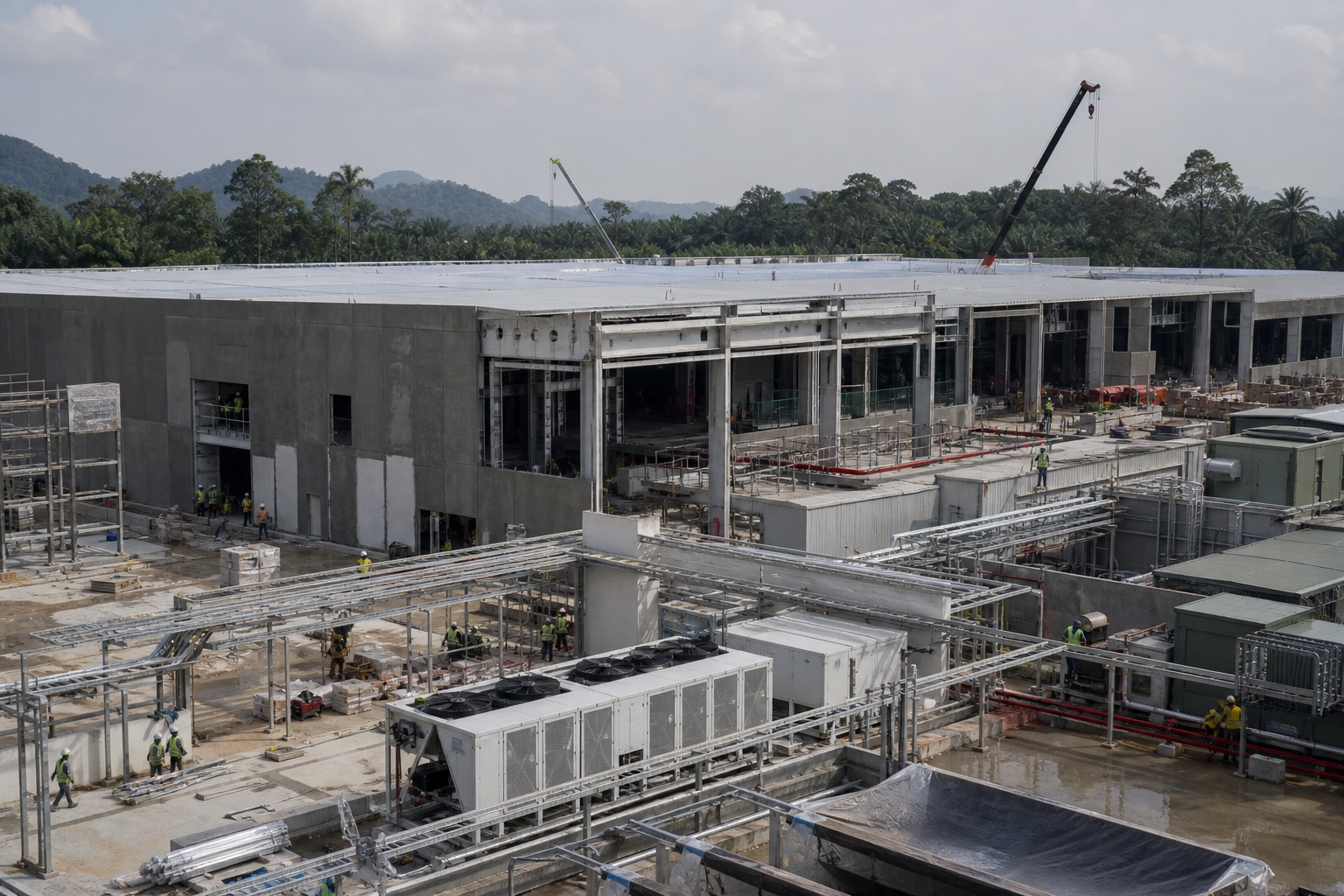 Gambar editorial jana AI yang mewakili Gamuda raih satu lagi pusat data Port Dickson RM1.71 bilion—kapasiti MEP dan pentauliahan menjadi medan persaingan; bukan foto projek, syarikat, tempat atau peristiwa sebenar.