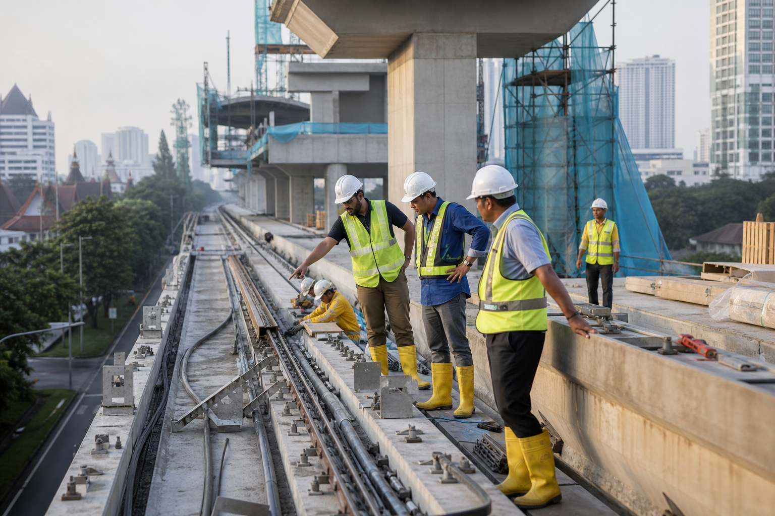 Gambar editorial jana AI yang mewakili Kontrak sistem LRT Mutiara RM3.028 bilion bergerak seiring kerja awam—antara muka kini menjadi risiko utama; bukan foto projek, syarikat, tempat atau peristiwa sebenar.