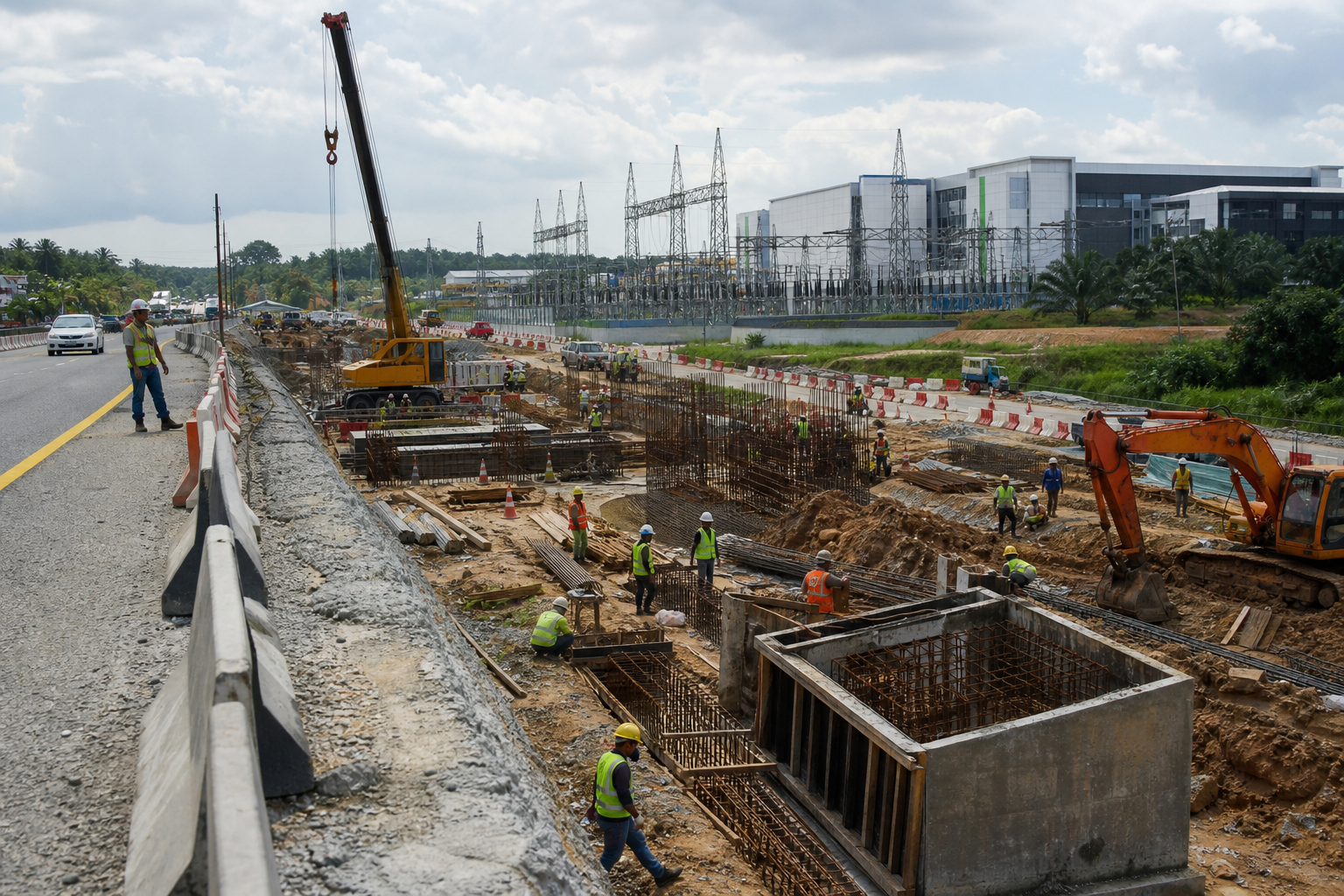 Gambar editorial jana AI yang mewakili the Malaysian construction and infrastructure market; bukan foto projek, syarikat, tempat atau peristiwa sebenar.